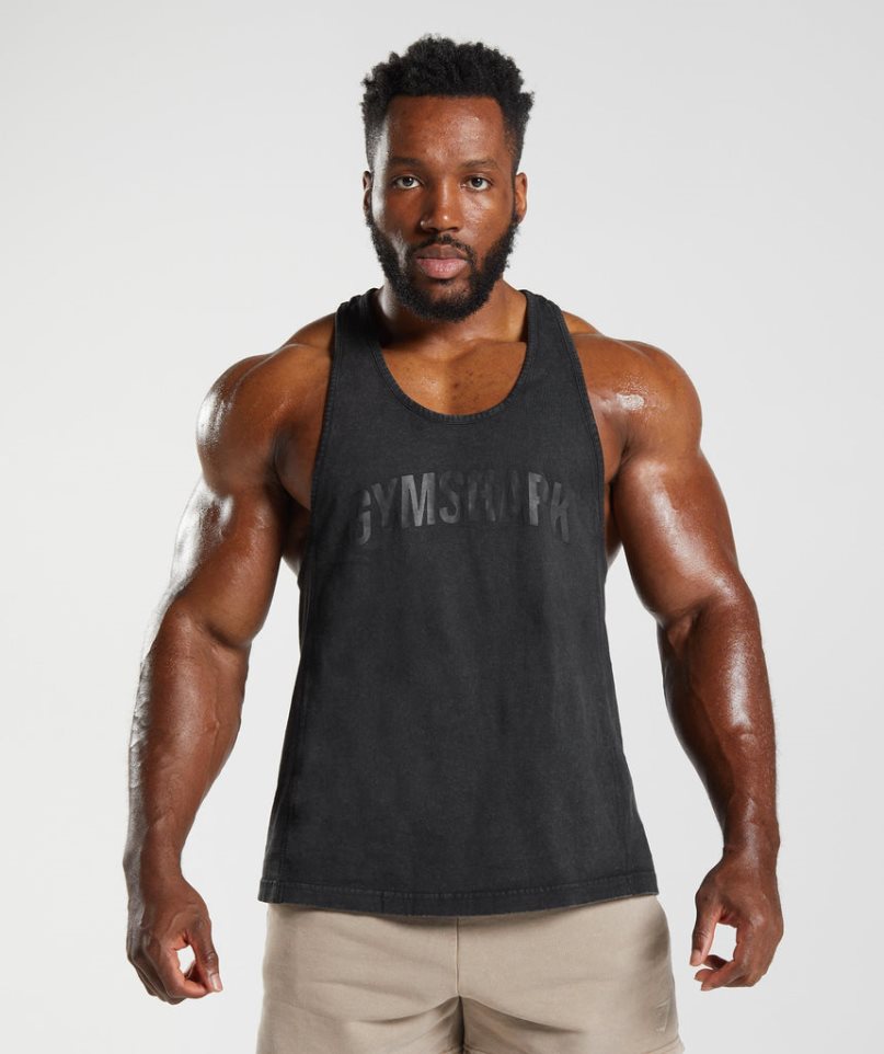 Men\'s Gymshark Power Washed Stringer Tanks Black | CA D153A6